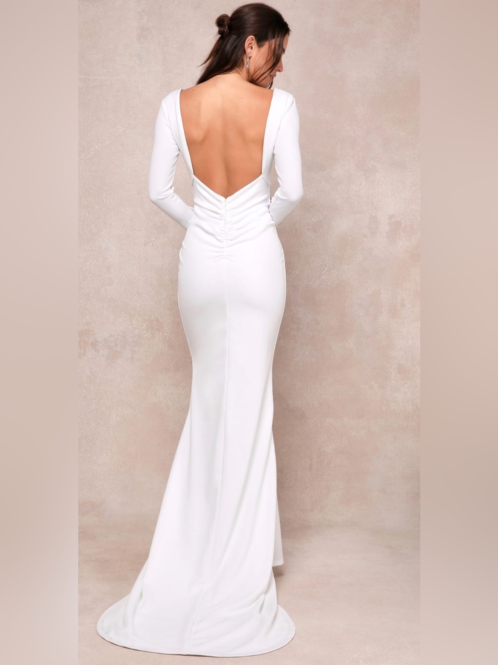 Lulus Extravagant Love White Backless Long Sleeve Ruched Maxi Dress